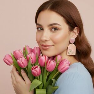 🌷Sweet Pink Glitter & Floral Arch Dangle Earrings | Statement Clay Jewelry